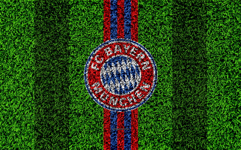FC Bayern Munich German football club, football lawn, logo, red white lines, emblem, grass texture, Bundesliga, Munich, Germany, football, HD wallpaper
