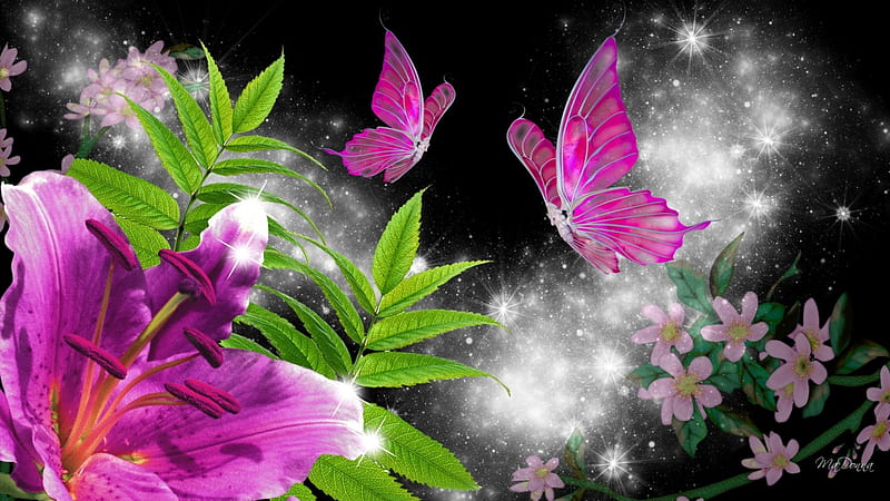 Precious Pink Lily, flowers, glow, twinkle, lustre, dramatic, flash, winkle, sparkle, glint, leaves, butterfly, scintillate, shimmer, papillon, flowers, light, glisten, radiate, flare, fern, glitter, spangle, black, butterflies, spring, glister, glimmer, summer, luster, wink, gleam, HD wallpaper