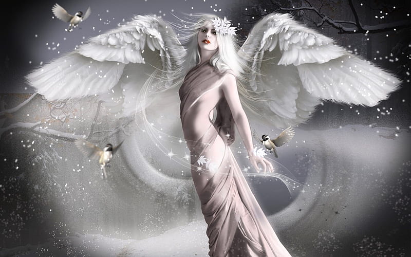 White Angel, etheral, lovely, wings, angel, birds, purity, softness, fantasy, beauty, white, HD wallpaper