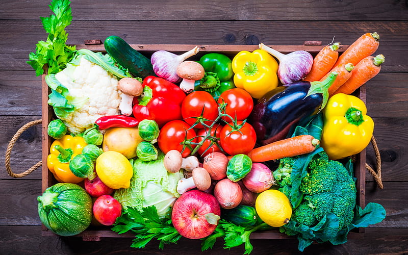 box with fresh vegetables, fruit, healthy food concepts, tomatoes, cucumbers, cabbage, eggplant, onions, carrots, peppers, mushrooms, HD wallpaper