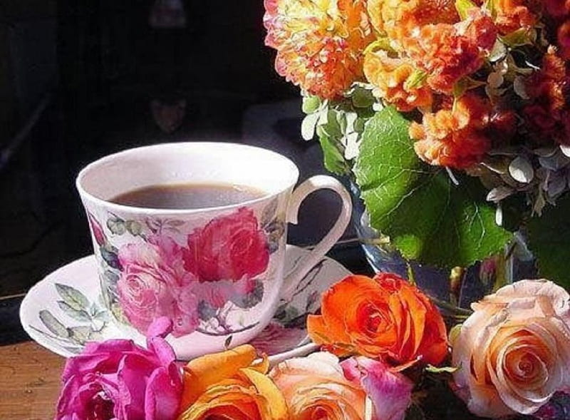 roses and tea time, tea time, still life, flowers, roses, HD wallpaper