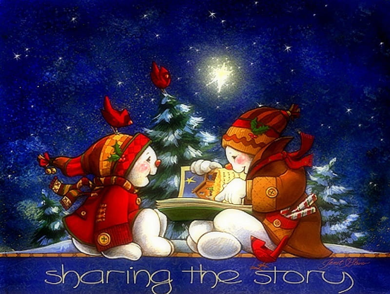 ★Sharing the Story in Xmas★, scarves, book, seasons, xmas and new year, greetings, red cardinals, wool hats, paintings, gloves, drawings, sharing, traditional art, candy canes, christmas, xmas trees, love four seasons, birds, festivals, snowman, snow, winter holidays, weird things people wear, celebrations, HD wallpaper