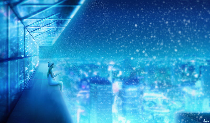 girl, roof, art, snow, height, blue, HD wallpaper