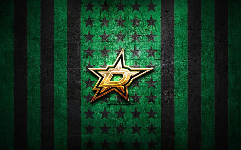 Dallas Stars flag, NHL, green black metal background, american hockey team, Dallas Stars logo, USA, hockey, golden logo, Dallas Stars, HD wallpaper