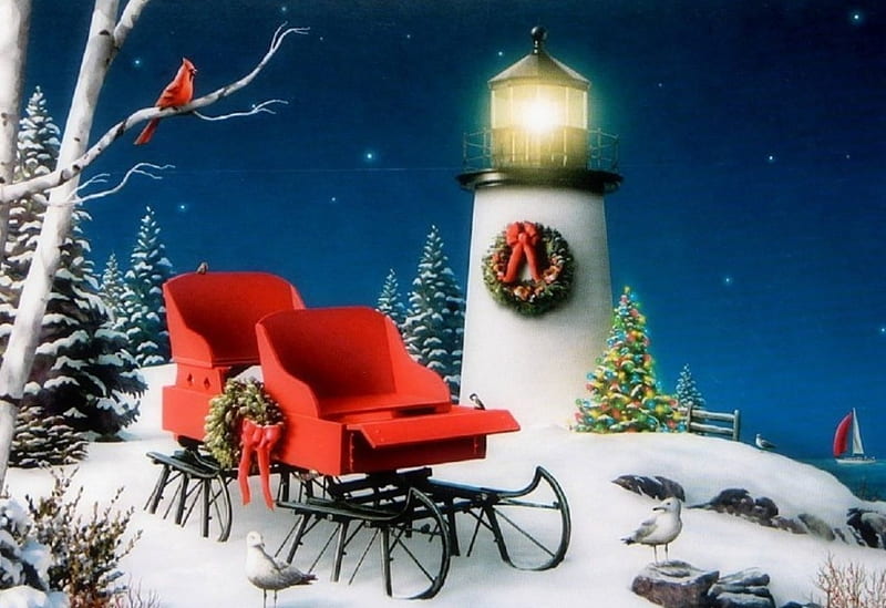 Seaside Holidays, sleigh, Christmas, holidays, wreathes, love four seasons, attractions in dreams, christmas trees, xmas and new year, winter, paintings, snow, lighthouses, HD wallpaper