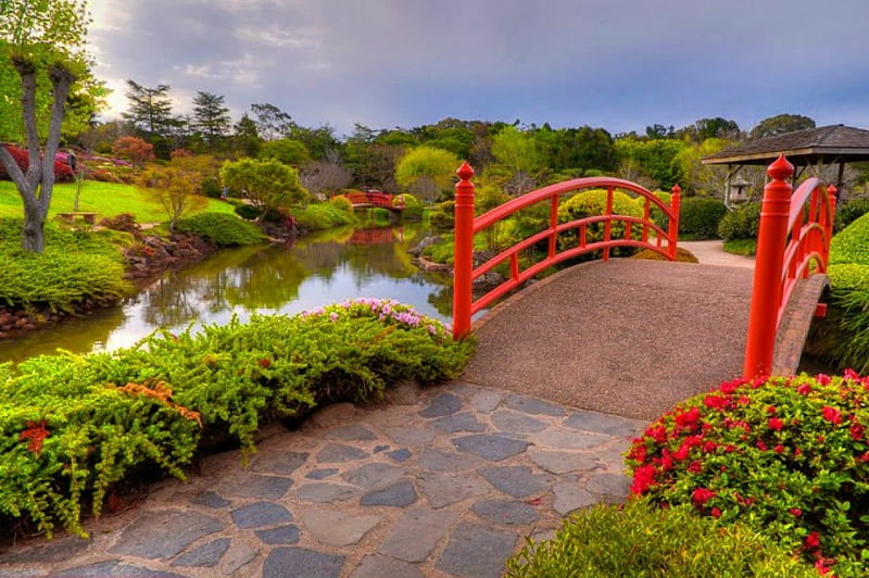 Japanese garden, pretty, bonito, nice, bridge, flowers, reflection, quiet, calmness, lovely, japanese, spring, park, sky, trees, lake, pond, serenity, summer, garden, walk, HD wallpaper