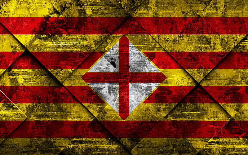 Flag of Barcelona grunge art, rhombus grunge texture, spanish province, Barcelona province flag, Spain, national symbols, Barcelona, provinces of Spain, creative art, HD wallpaper