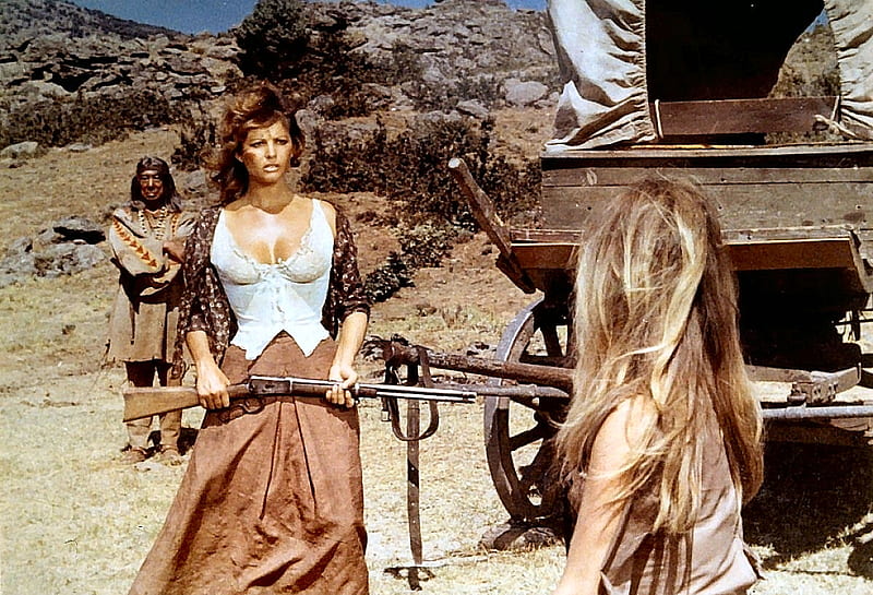 Old West. ., Claudia Cardinale, female, cowgirl, fun, outdoors, women, brunettes, NRA, wagon, girls, Rifle, western, actors, style, HD wallpaper
