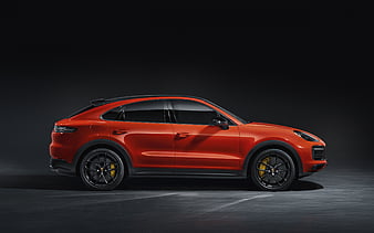 Porsche Cayenne Coupe, 2019, side view, exterior, new orange Cayenne Coupe, black wheels, Porsche, HD wallpaper