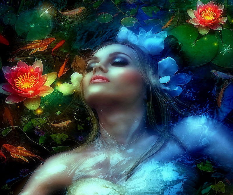 ~O P H E L I A~, pretty, fantasy girls, lotus, softness beauty, digital art, fantasy, beautiful girls, manipulation, flowers in their hair, flowers, animals, models, fishes, lovely, colors, love four seasons, creative pre-made, water, dragonflies, magical, weird things people wear, backgrounds, lady, HD wallpaper