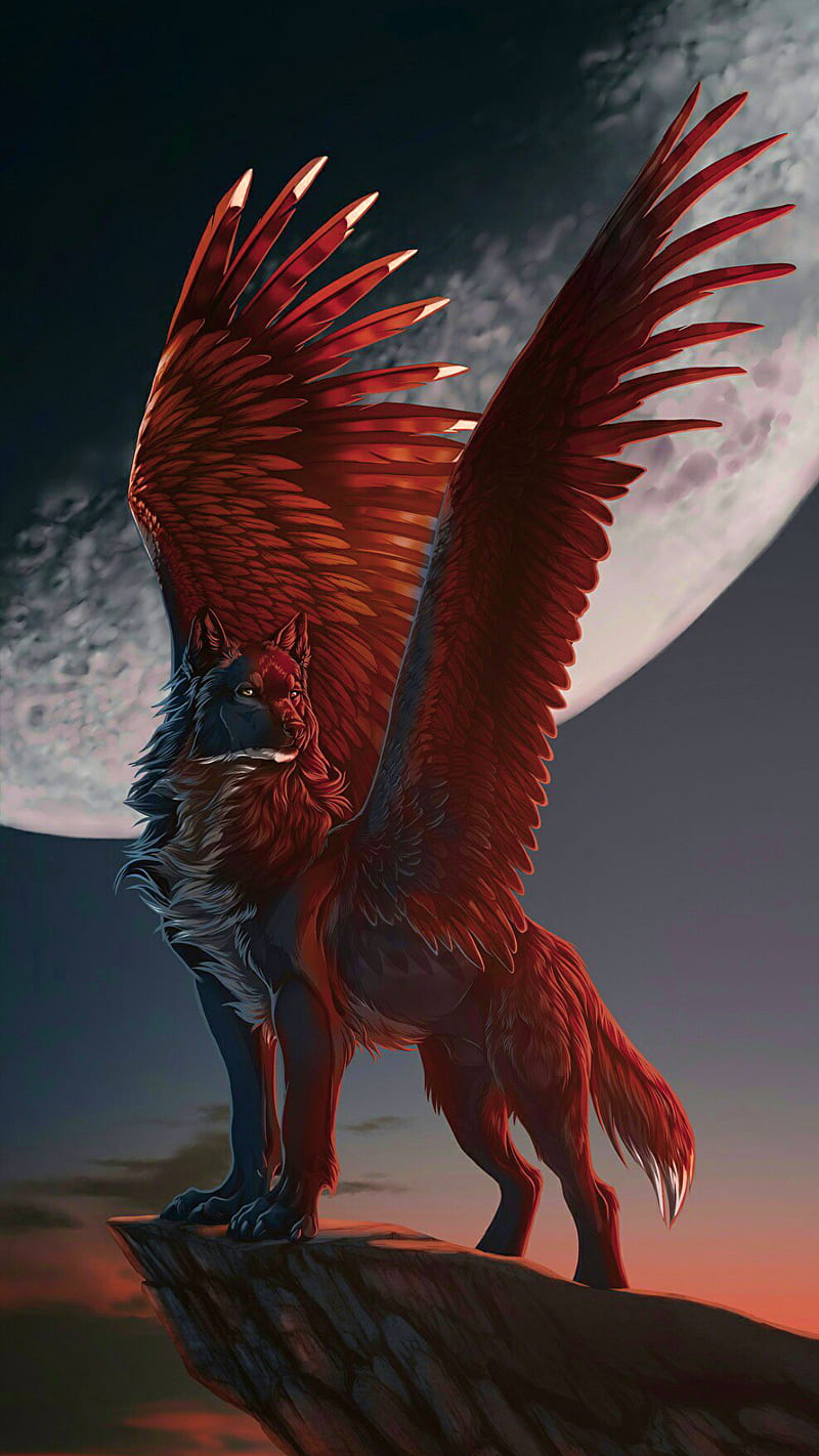 Fantasy wolf, animal, drawings, fantasy, moon, wings, wolf, HD phone wallpaper