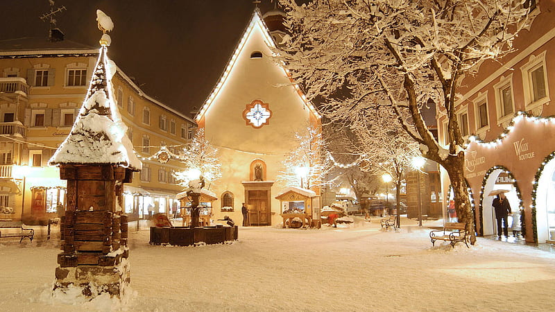 Snow Covered Church With Lights Christmas, HD wallpaper