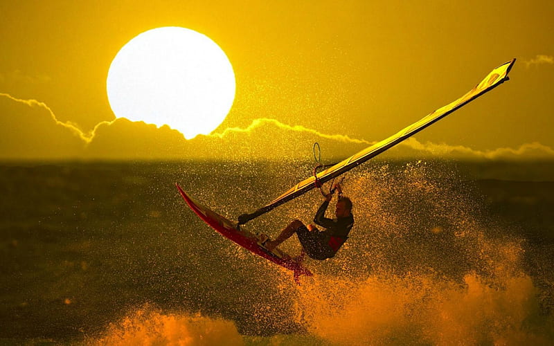Wind Surfing at Sunset, Water, Sport, Windsurfing, Sunset, HD wallpaper