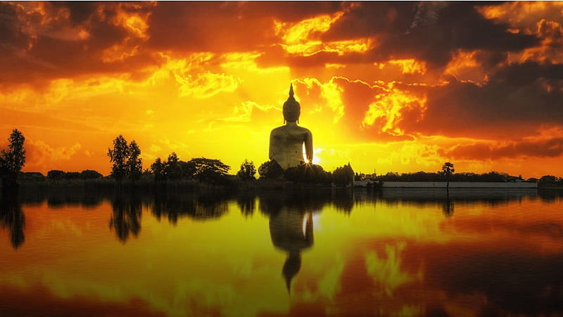 Buddha Statue Sunset Lake, HD wallpaper