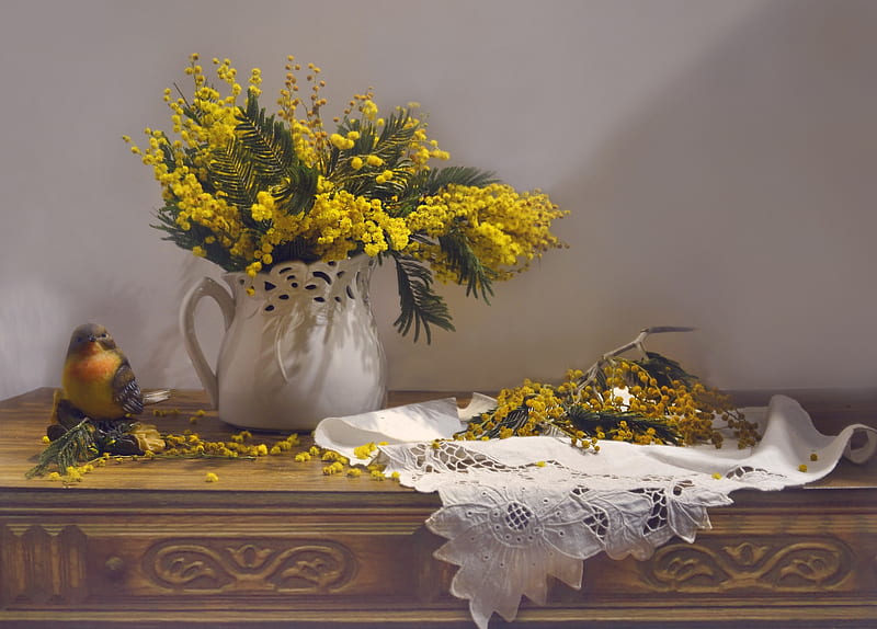 Still life with flowers, Napkin, Flowers, Candlestick, Mimosa, HD wallpaper