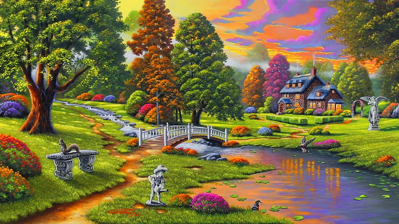 Majestic garden, painting, sunset, tree, lake, HD wallpaper | Peakpx