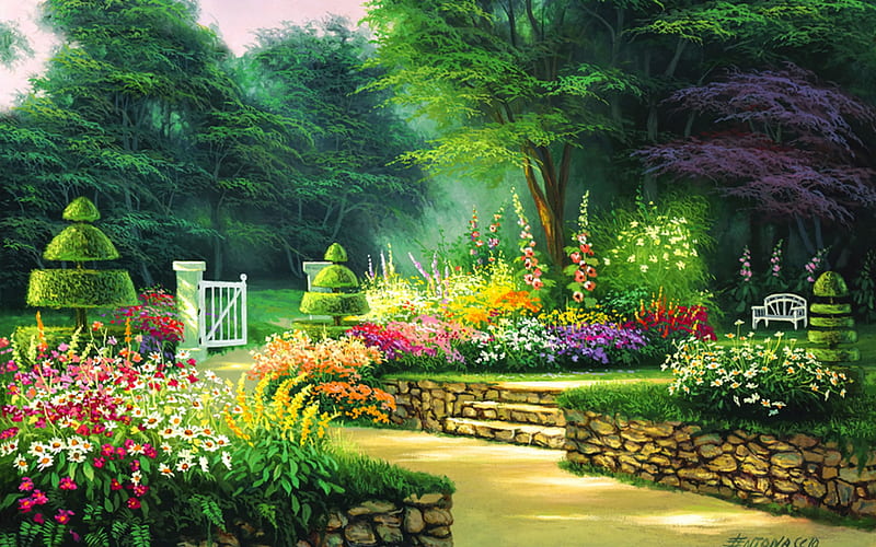 Summer Park, sunlight, painting, flowers, stairs, path, trees, artwork, HD  wallpaper | Peakpx