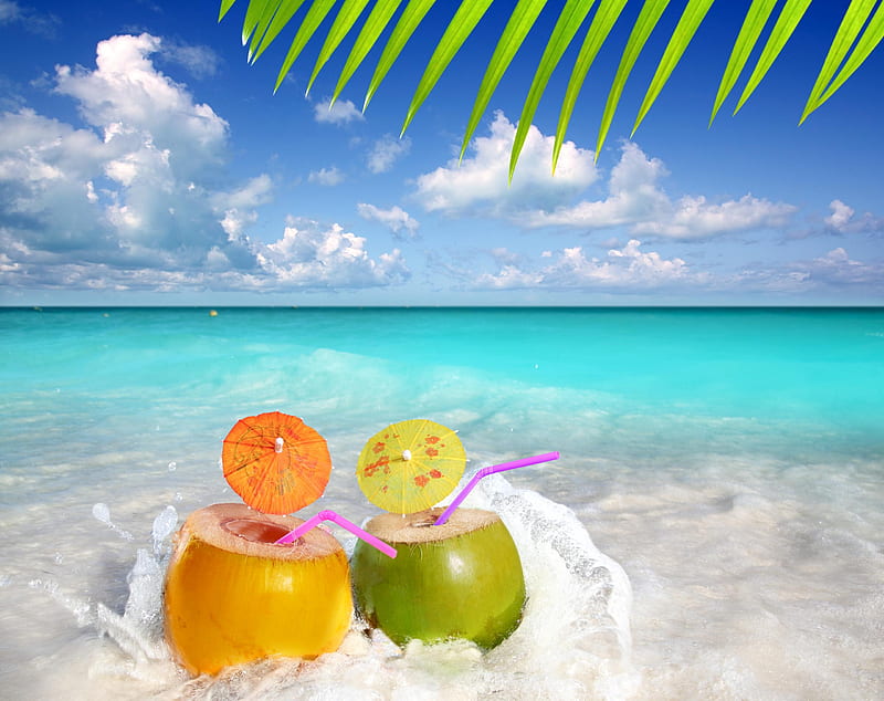 Summer Time, pretty, umbrella, cocktails, clouds, beach, splendor, beauty, umbrellas, lovely, holiday, ocean, coconut, relax, waves, sky, water, paradise, colorful, bonito, sea, leaves, blue, cocktail, exotic, juice, view, drinks, colors, peaceful, summer, nature, tropical, HD wallpaper