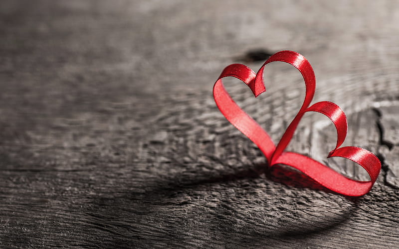 Valentines Day, two hearts, love concepts, red silk ribbons, red hearts, HD wallpaper