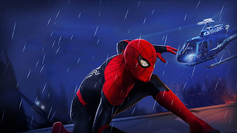 Spider Man Far From Home Spider Man With Background Of Blue Sky And Helicopter On Raining Spider Man Far From Home, HD wallpaper