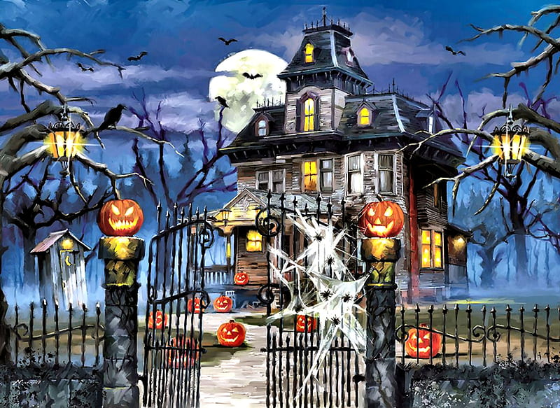 Welcome to Our House , art, house, jack o lanterns, holiday, bonito, illustration, artwork, moon, October, wrought iron fence, painting, wide screen, occasion, Halloween, pooky, HD wallpaper