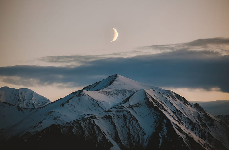 Moon Above Mountains Winter , mountains, nature, winter, HD wallpaper