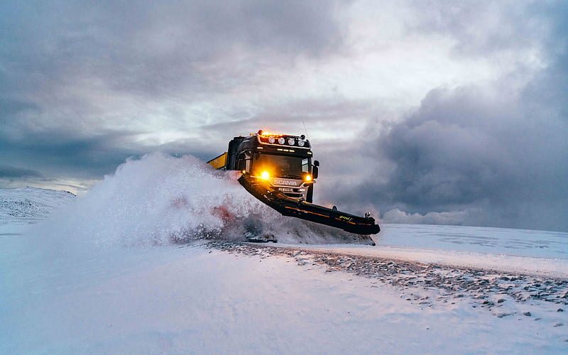 snow-clearing equipment, snow removal, Scania, snow removal truck, snow-covered road, concepts, HD wallpaper