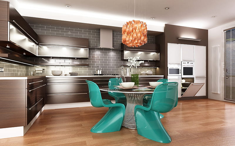stylish kitchen interior, modern design, creative green chairs, brown stylish furniture, kitchen, project, HD wallpaper