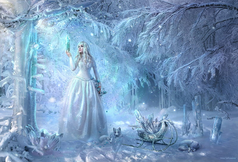 Crystal maiden, girl, luminos, ice, ileeni, iarna, winter, blue, frumusete, fantasy, fox, HD wallpaper