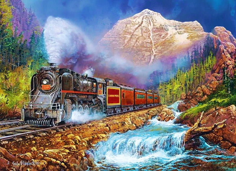 Steamin Locomotion, locomotive, railway, train, creek, steam, trees, artwork, landscape, HD wallpaper