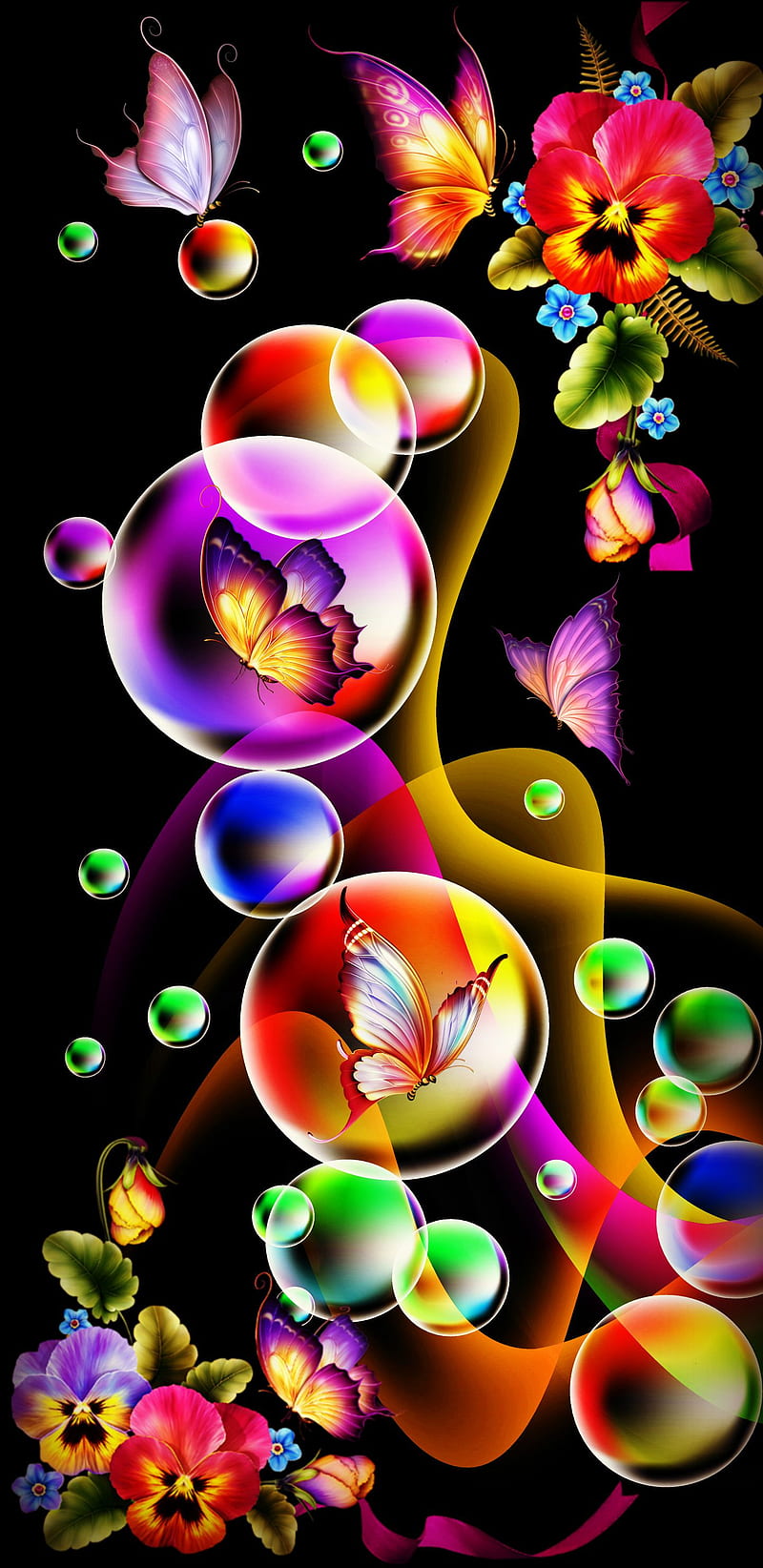 Fantasy Bubbles, abstract, background, butterfly, colours, desenho, flowers, neon, paint, HD phone wallpaper
