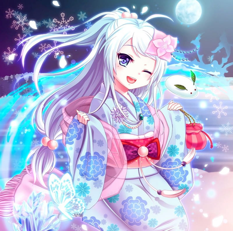 Snow Maiden, pretty, white hair, bonito, sweet, nice, moon, anime, yukata, beauty, anime girl, long hair, female, lovely, smile, kimono, winter, happy, cute, flakes, kawaii, girl, snow, snowflakes, wink, silver hair, HD wallpaper