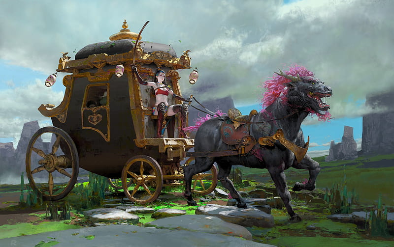 Fantastic Carriage, art, pretty, fantasy, girl, digital, bonito, horse, carriage, HD wallpaper