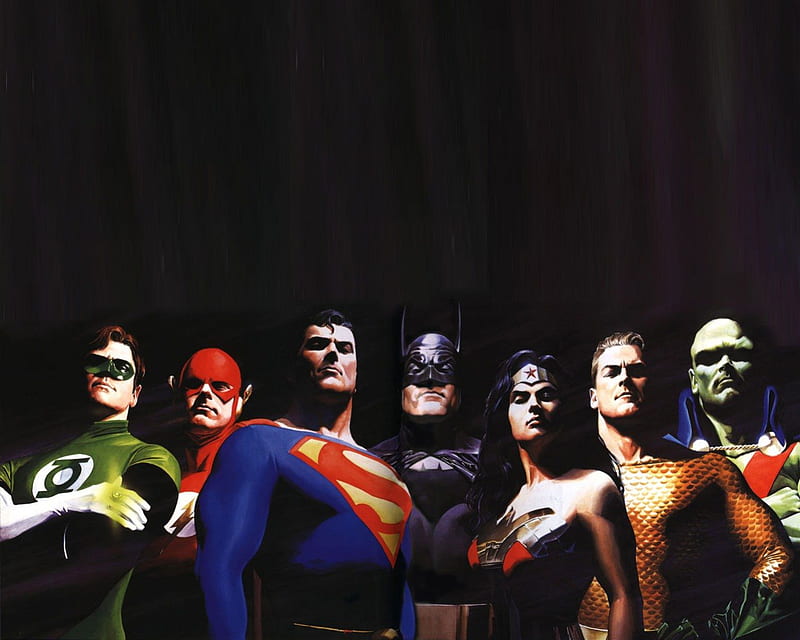 JLA By Alex Ross, Comics, Superheroes, Aquaman, Flash, Martian Manhunter, DC Comics, Batman, Superman, Green Lantern, JLA, Woder Woman, HD wallpaper
