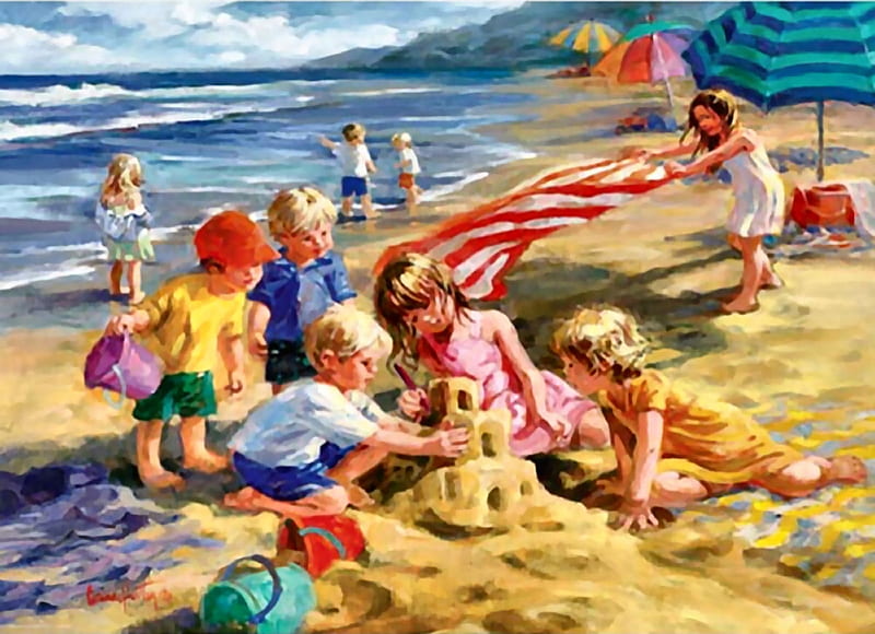 Fun in the Sun F, sand castle, art, shore, children, bonito, blanket, illustration, artwork, beach, sand, little girl, painting, wide screen, scenery, HD wallpaper