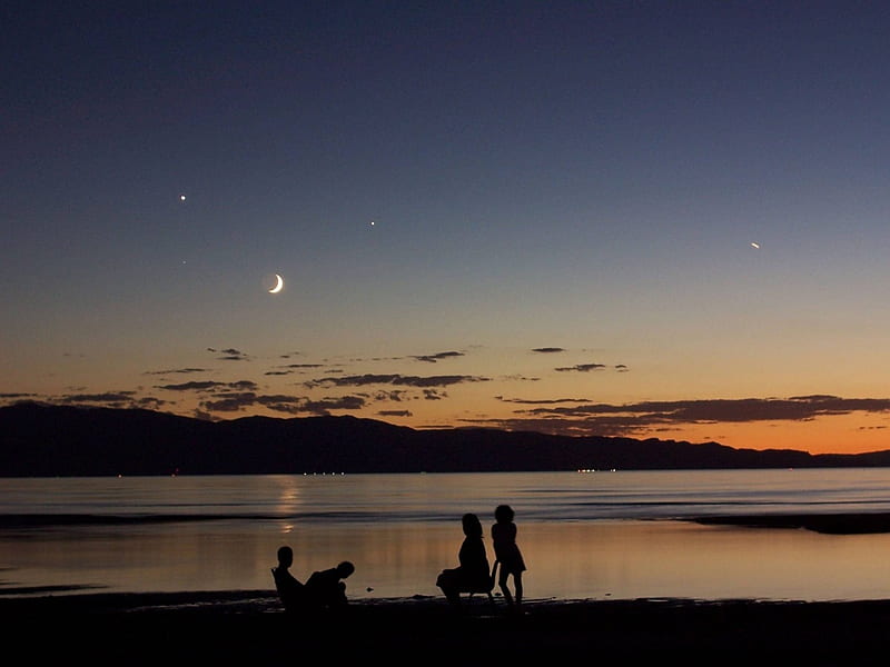 A Quadruple Sky Over Great Salt Lake, stars, moon, cool, space, fun, HD wallpaper