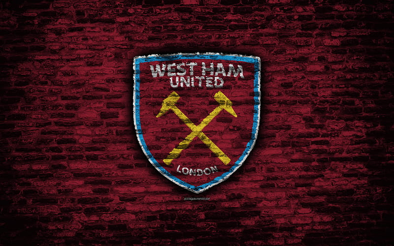 West Ham United FC, logo, maroon brick wall, Premier League, English football club, soccer, football, The Irons, brick texture, Stratford, England, HD wallpaper