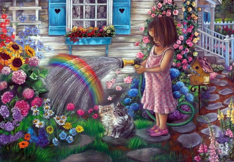 Making Rainbows, water, hose, birds, flowers, rainbow, spray, cats, HD wallpaper
