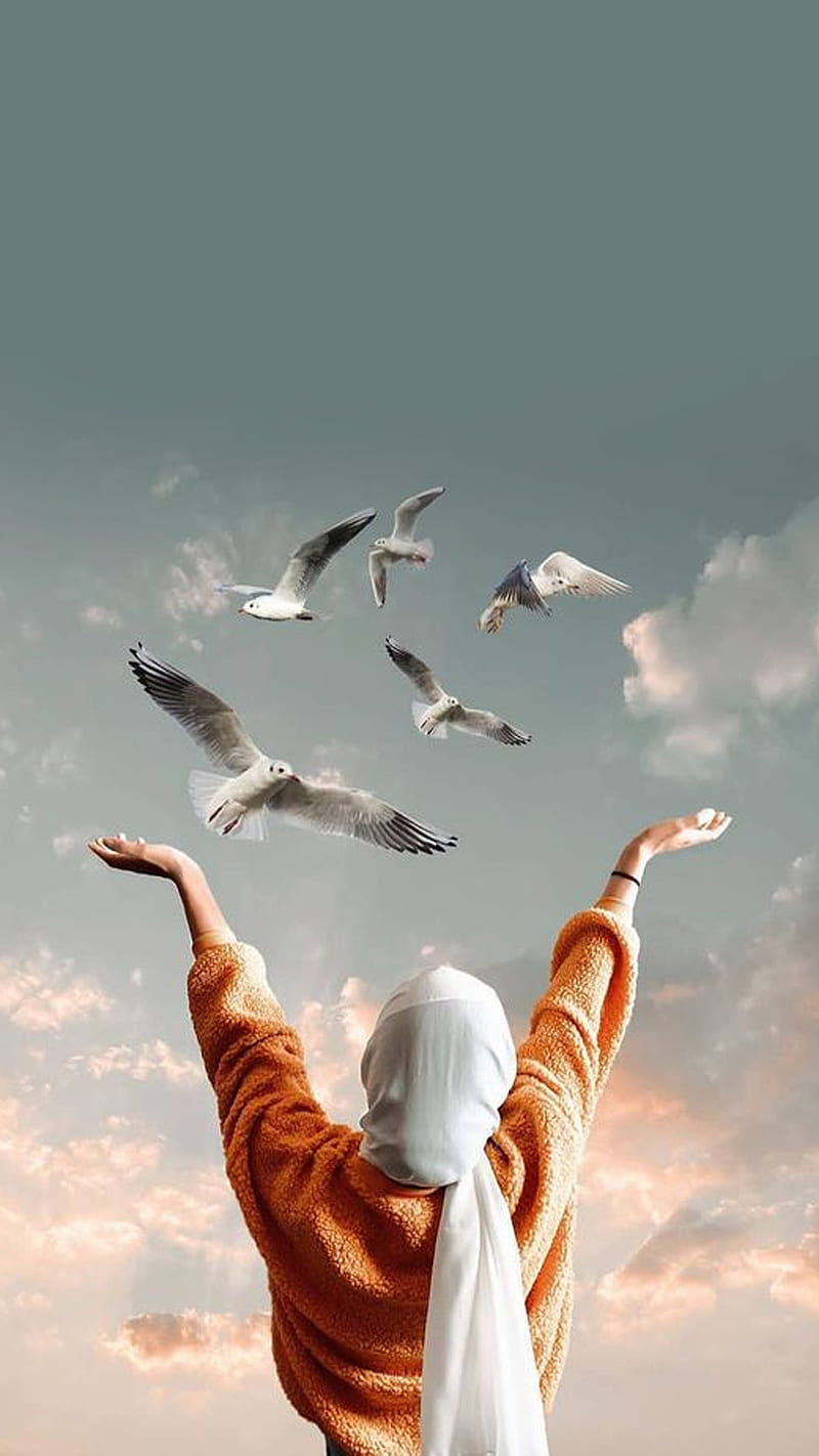 Muslim girl, seagulls, islamic, HD phone wallpaper