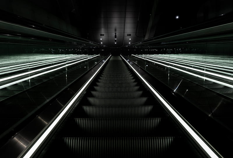 escalator, stairs, dark, descent, HD wallpaper