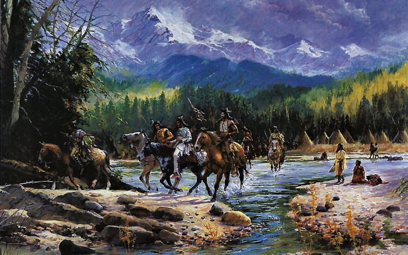Native American Encampment F2, teepees, art, encampment, equine, horses, water, quine, painting, hunt, wide screen, Native American, river, portrait, HD wallpaper