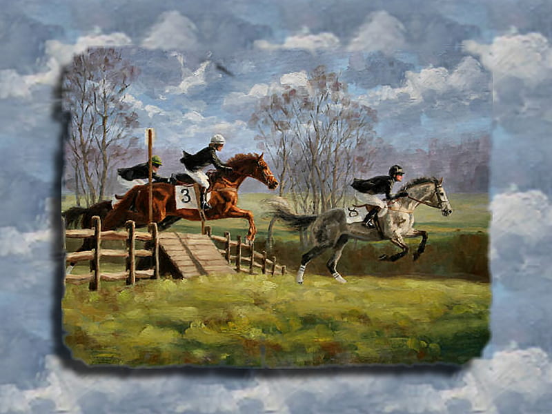 Ahead by a Length - Horses 2, art, steeplechase, painting, equine, horse, scenery, artwork, landscape, HD wallpaper
