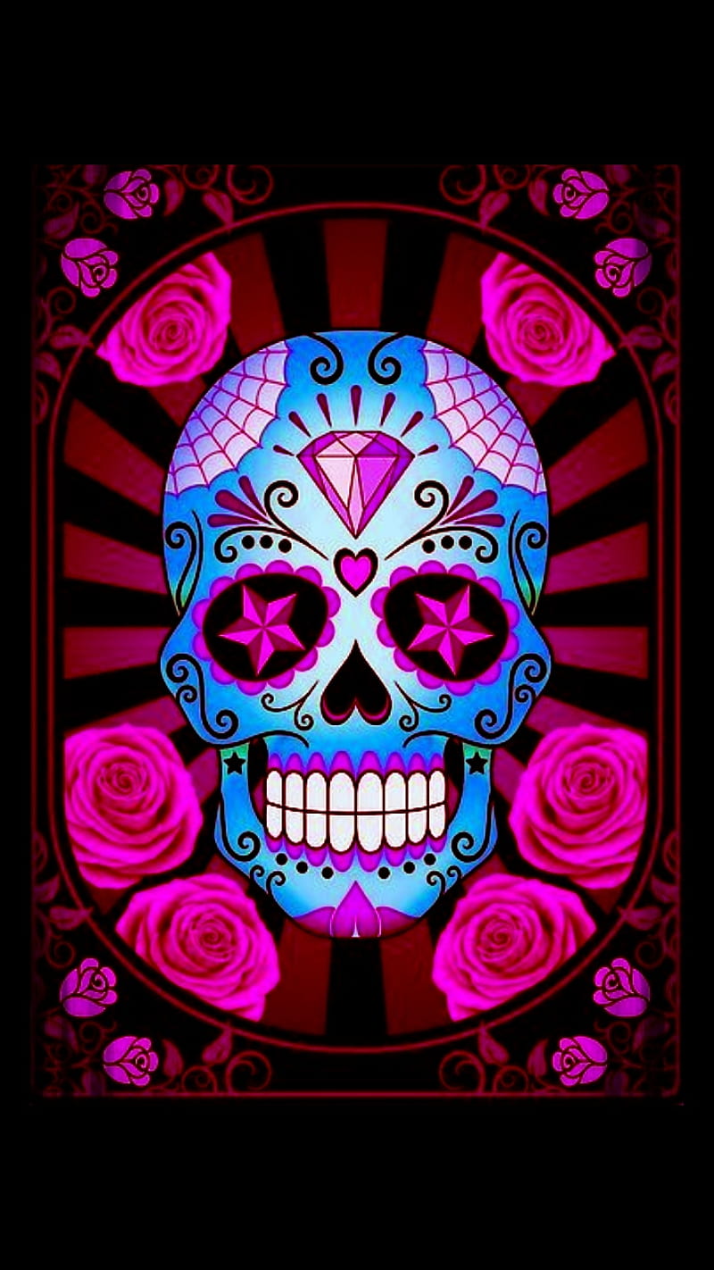 Blue Sugar Skull, day of the dead, desenho, flowers, roses, sugar skull, HD phone wallpaper