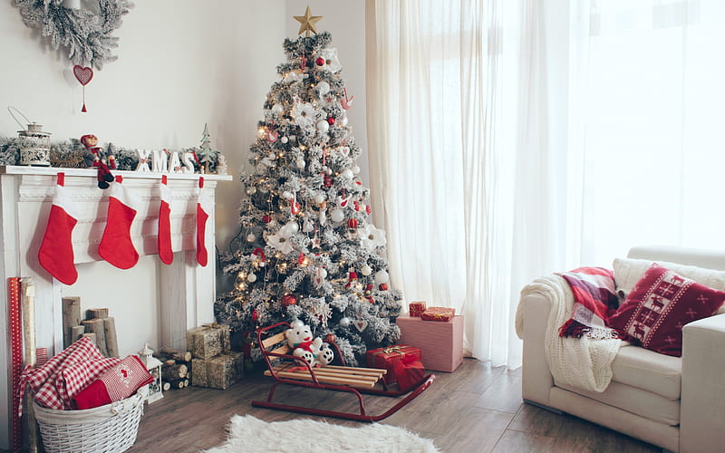 Christmas tree, New Year, fireplace, gift socks, Christmas interior, HD wallpaper