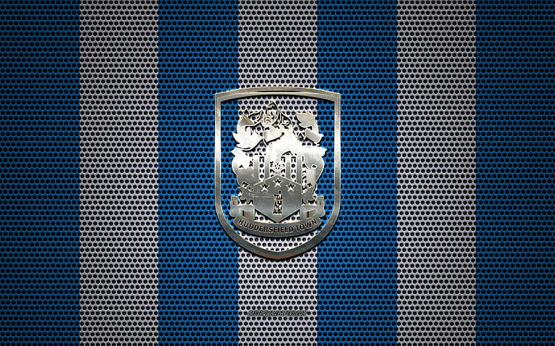 Huddersfield FC logo, English football club, metal emblem, blue and white metal mesh background, Huddersfield FC, EFL Championship, Huddersfield, West Yorkshire, England, football, HD wallpaper