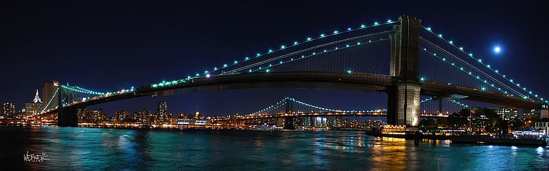 Bridges, Sea, Night, Light, Ocean, Bridge, Cityscape, New York, Brooklyn Bridge, HD wallpaper