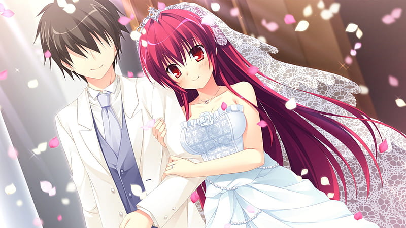 ♡ Couple ♡, pretty, married, dress, redhead, guy, bonito, sweet, nice, anime, love, handsome, hot, beauty, anime girl, long hair, couple, wed, female, male, lovely, brown hair, gown, red hair, sexy, wedding, short hair, cute, boy, girl, lover, petals, HD wallpaper