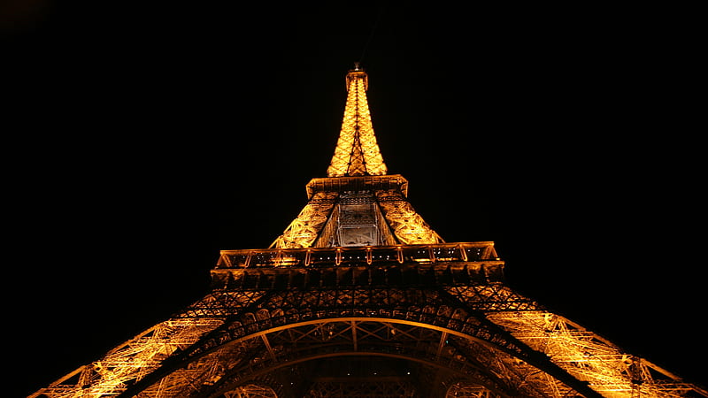Upward View Of Yellow Lighting Paris Eiffel Tower With Black Sky Background During Night Time Travel, HD wallpaper
