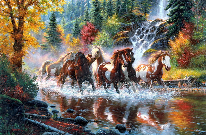 Horses, Autumn Ultra, Artistic, Drawings, bonito, Autumn, Drawing, Horses, Fall, HD wallpaper