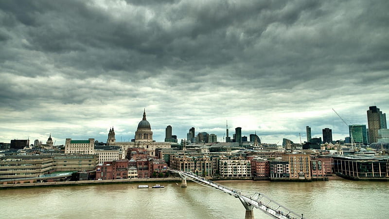 millennium bridge in london, city, river, clouds, bridge, HD wallpaper
